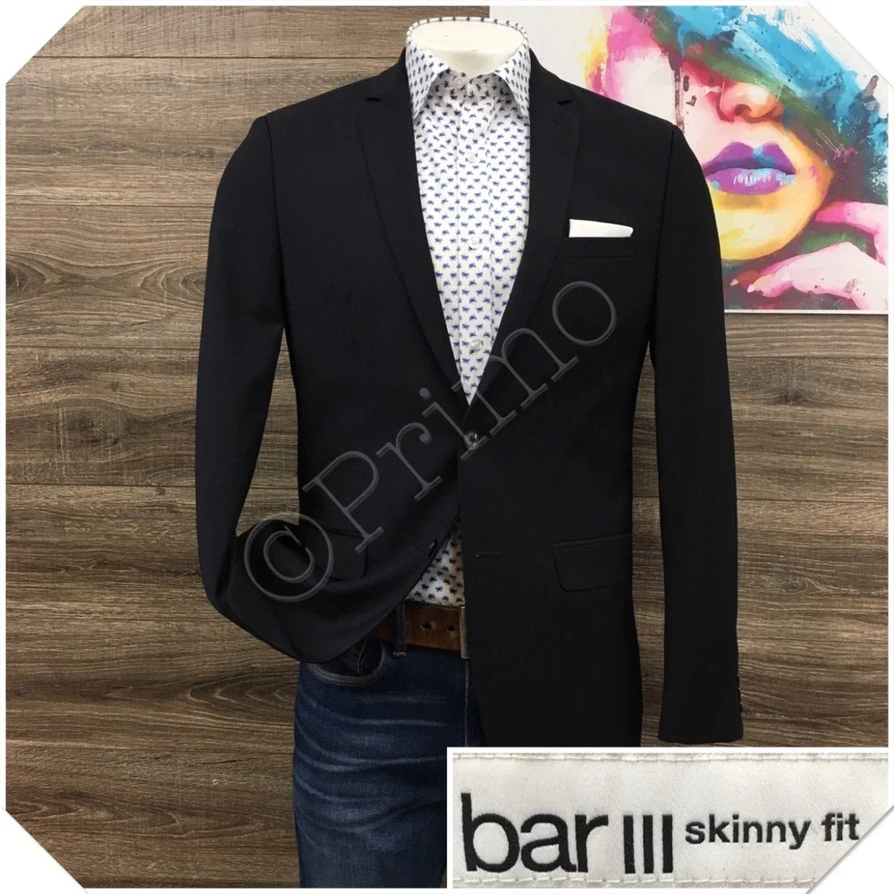 BAR III Men Wool Blazer Sport Coat Casual Jacket Size 42L Slim Fit Black Suit